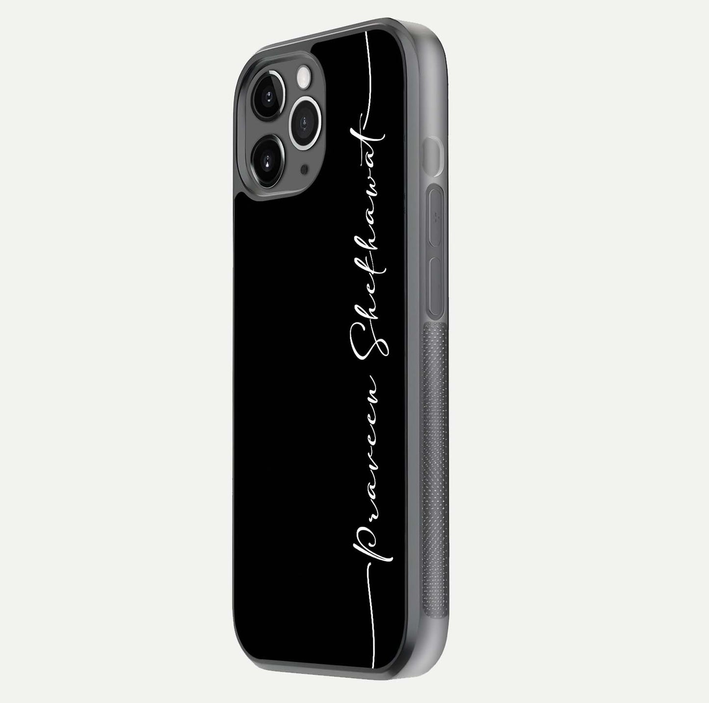 Black Tune Custom Name Glass Case for iPhone 16 Pro floating dual-view mockup emphasizing modern glossy texture