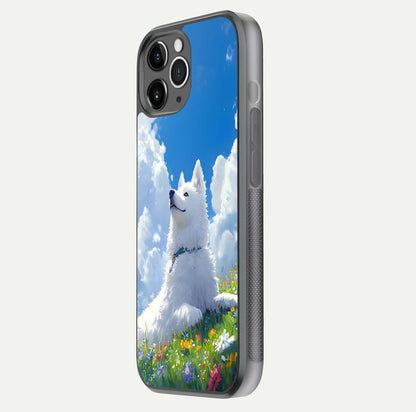 Blissful Cloud Pup Glass Case for iPhone 11 Pro Max floating mockup capturing playful aesthetic and gloss finish