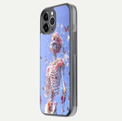 Bloom Beyond Bones Glass Case for iPhone 11 Pro Max floating mockup displaying shine, texture, and gloss detail