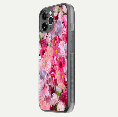 Bloom Crush Fantasy Glass Case for iPhone 11 Pro Max floating mockup showing floral pattern clarity and HD glass