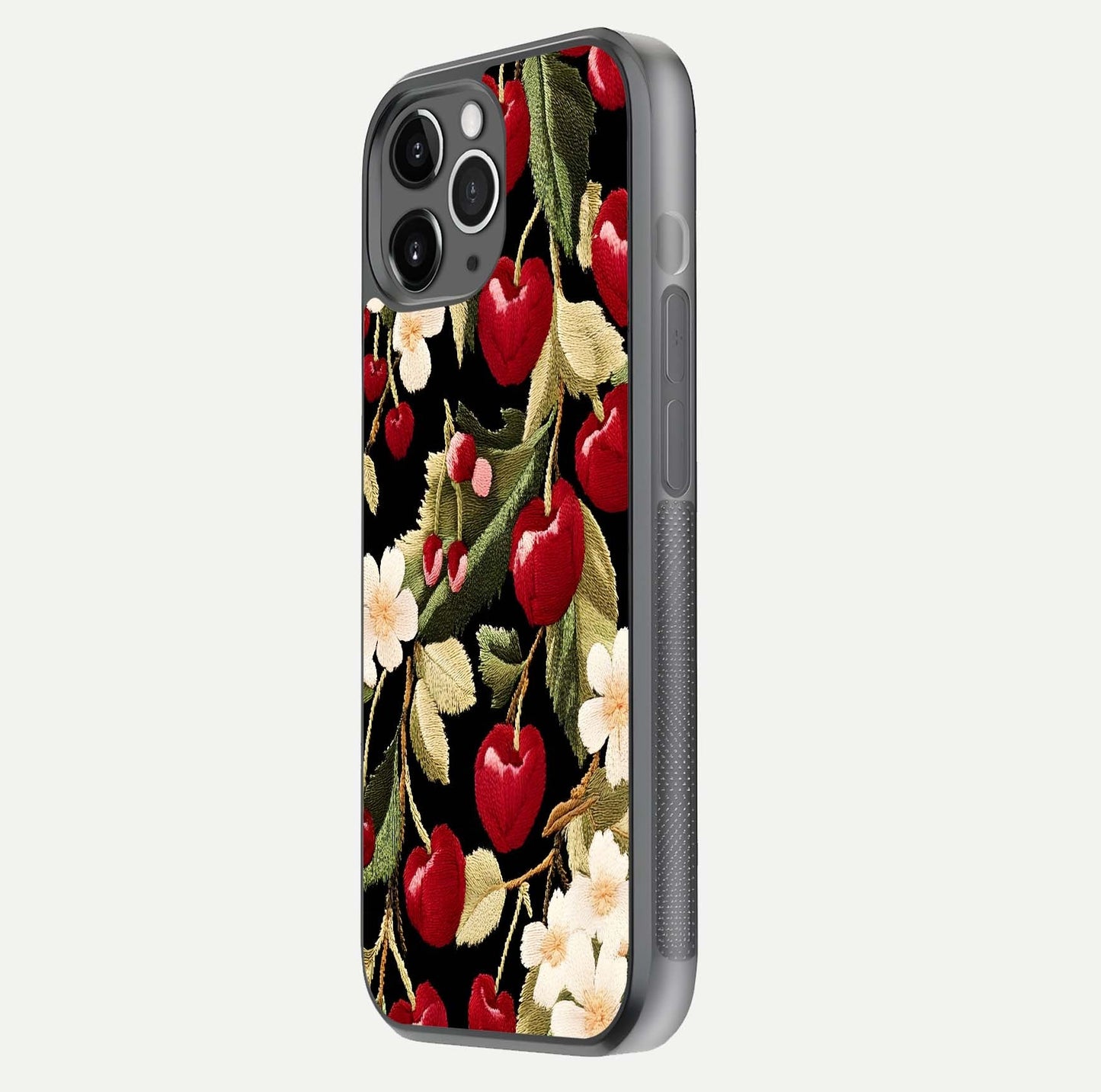 Bloom Thread Art Glass Case for iPhone 11 Pro Max floating mockup showing premium reflection and stitched art vibe