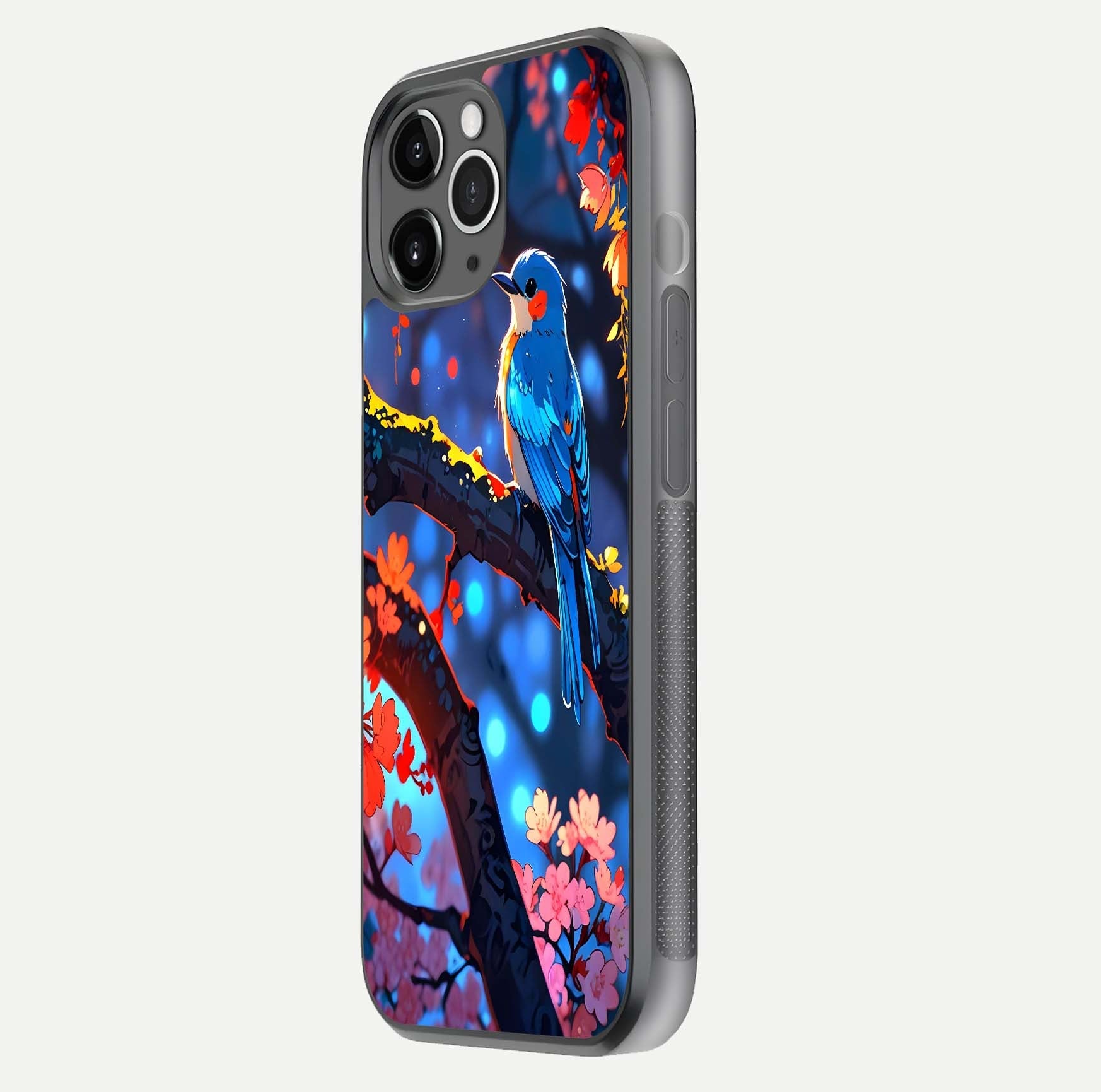 Blooming Spendor Bird Glass Case for iPhone 11 Pro Max floating dual-mockup capturing gloss tone and curved texture