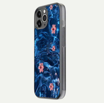 Blooming Water Drift Glass Case for iPhone 11 Pro Max floating dual-view mockup showing floral drift pattern and reflective surface