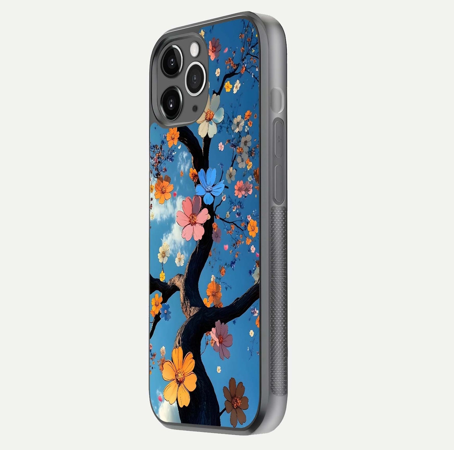 Blossom Dream Sky Glass Case for iPhone 11 Pro Max floating dual-mockup displaying smooth finish and elegant sky tones
