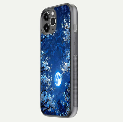 Blossom Moonlight Sky Glass Case for iPhone 11 Pro Max floating mockup showing glowing moon accent and HD gloss texture