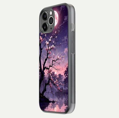 Blossom Pink Moon Glass Case for iPhone 11 Pro Max floating mockup emphasizing dreamy pink moon aura and smooth finish