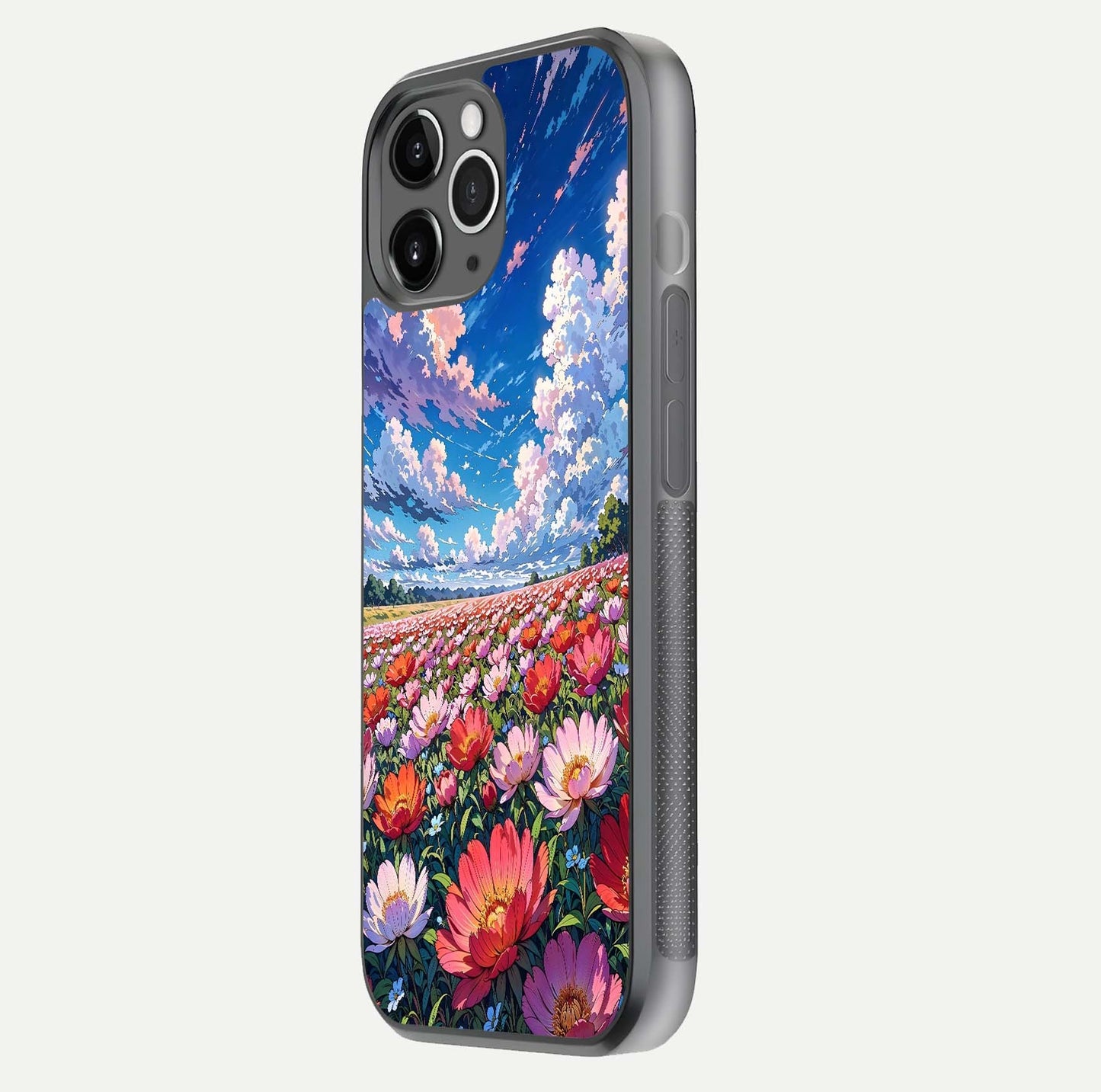 Blossom Sky Field Glass Case for iPhone 11 Pro Max floating mockup displaying sky bloom concept with smooth finish