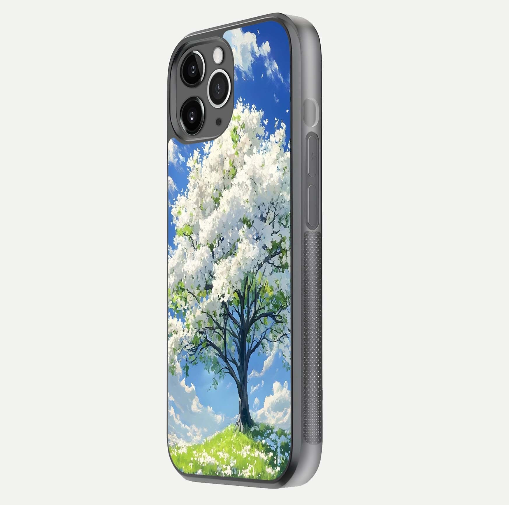 Blossom Sky Serenity Glass Case for iPhone 11 Pro Max floating mockup capturing gloss surface and tranquil design