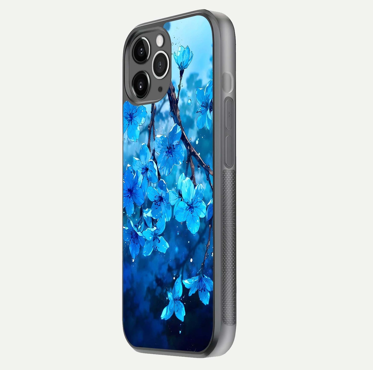 Blue Blossoms Branch Glass Case for iPhone 11 Pro Max floating mockup showing shine, curved edges, and branch detailing