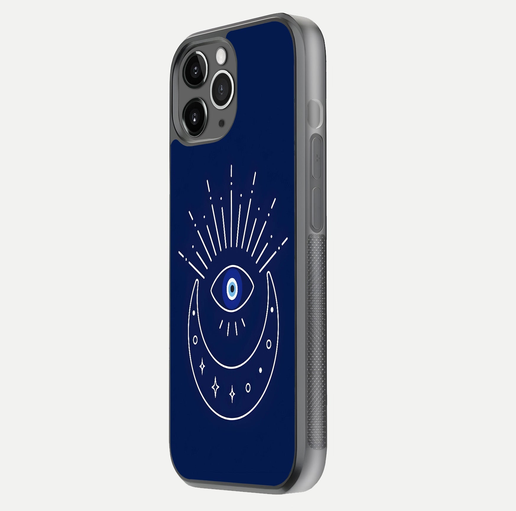 Blue Evil Eye Glass Case for iPhone 11 Pro Max floating mockup displaying glossy protection and spiritual artwork