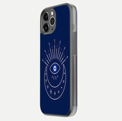 Blue Evil Eye Glass Case for iPhone 11 Pro Max floating mockup displaying glossy protection and spiritual artwork