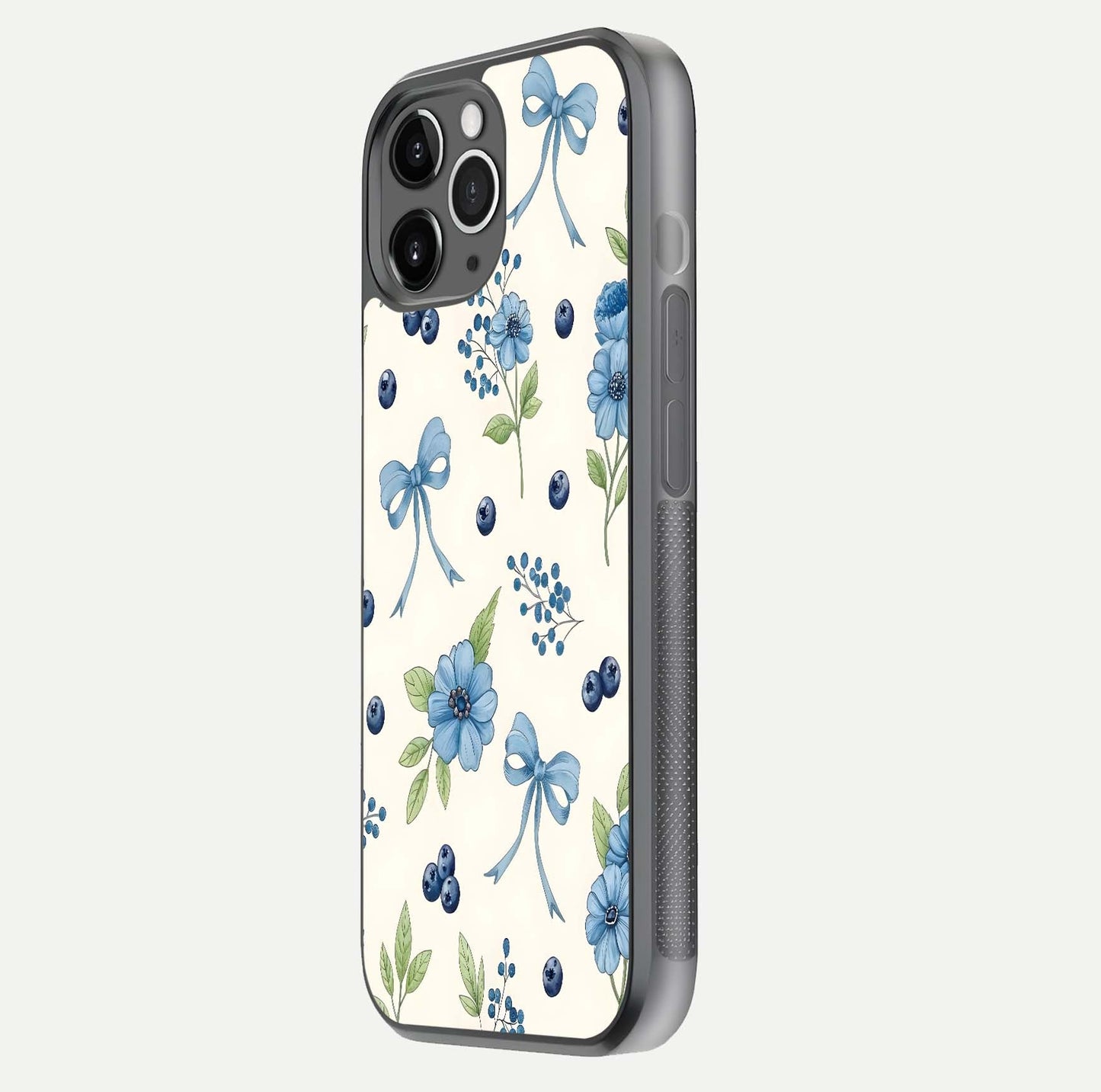 Blue Flower & Bow Glass Case for iPhone 11 Pro Max floating mockup capturing gloss reflection and girly aesthetic