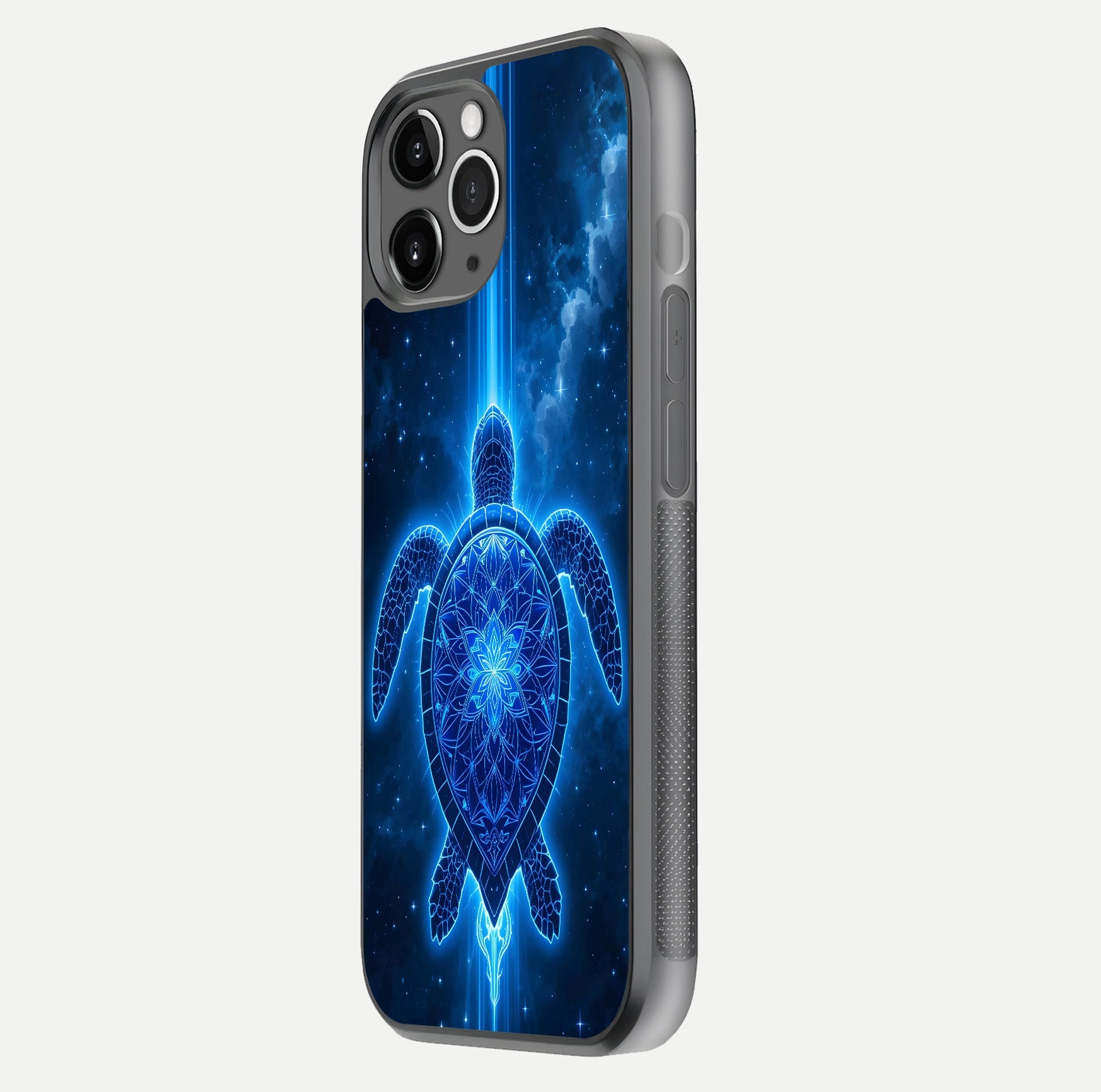 Blue Galaxy Turtle Glass Case for iPhone 11 Pro Max floating dual-mockup showing gloss depth and color transitions