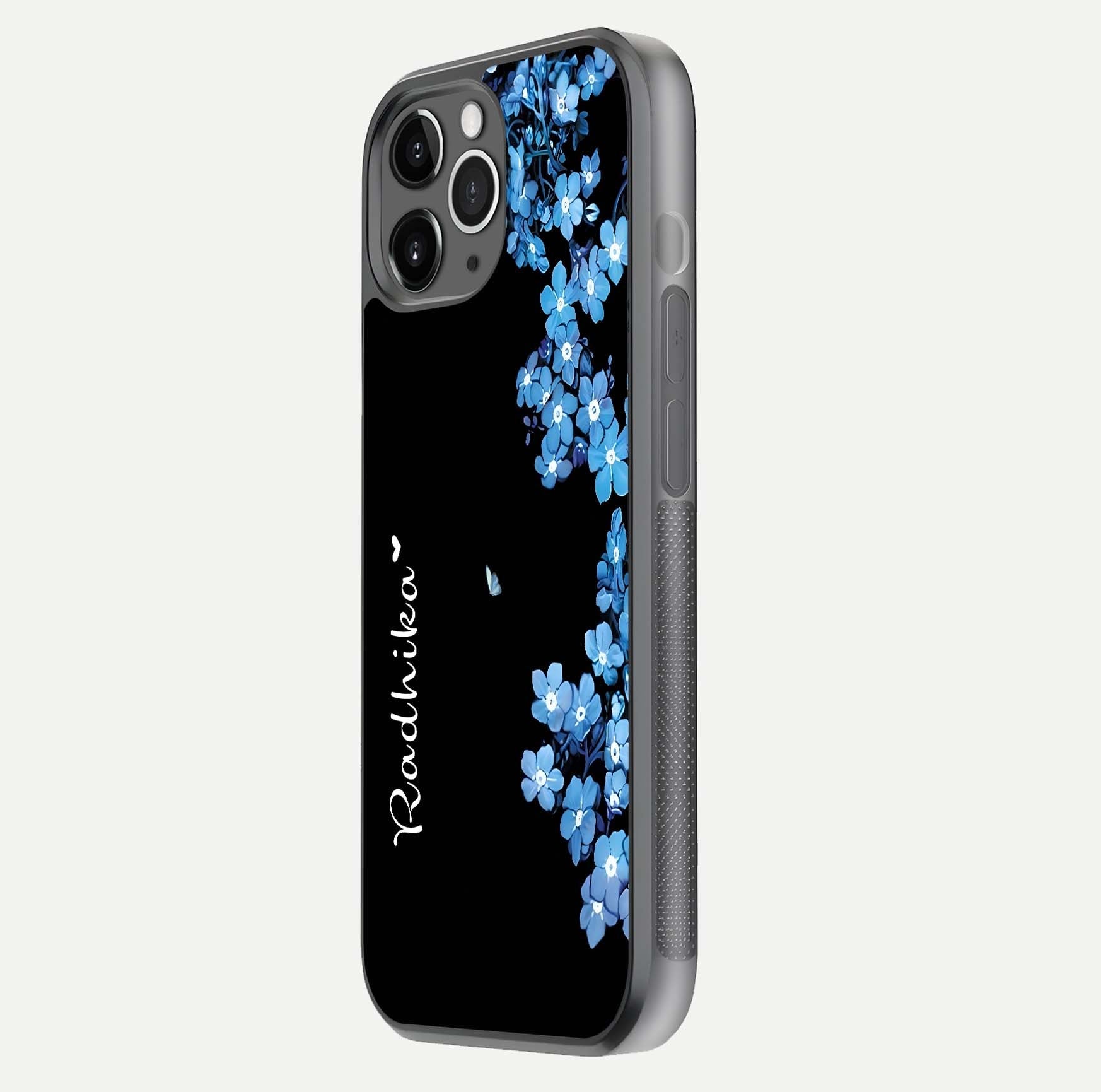 Blue Petal Dream Custom Name Glass Case for iPhone 11 Pro Max floating mockup capturing floral tones and glass shine