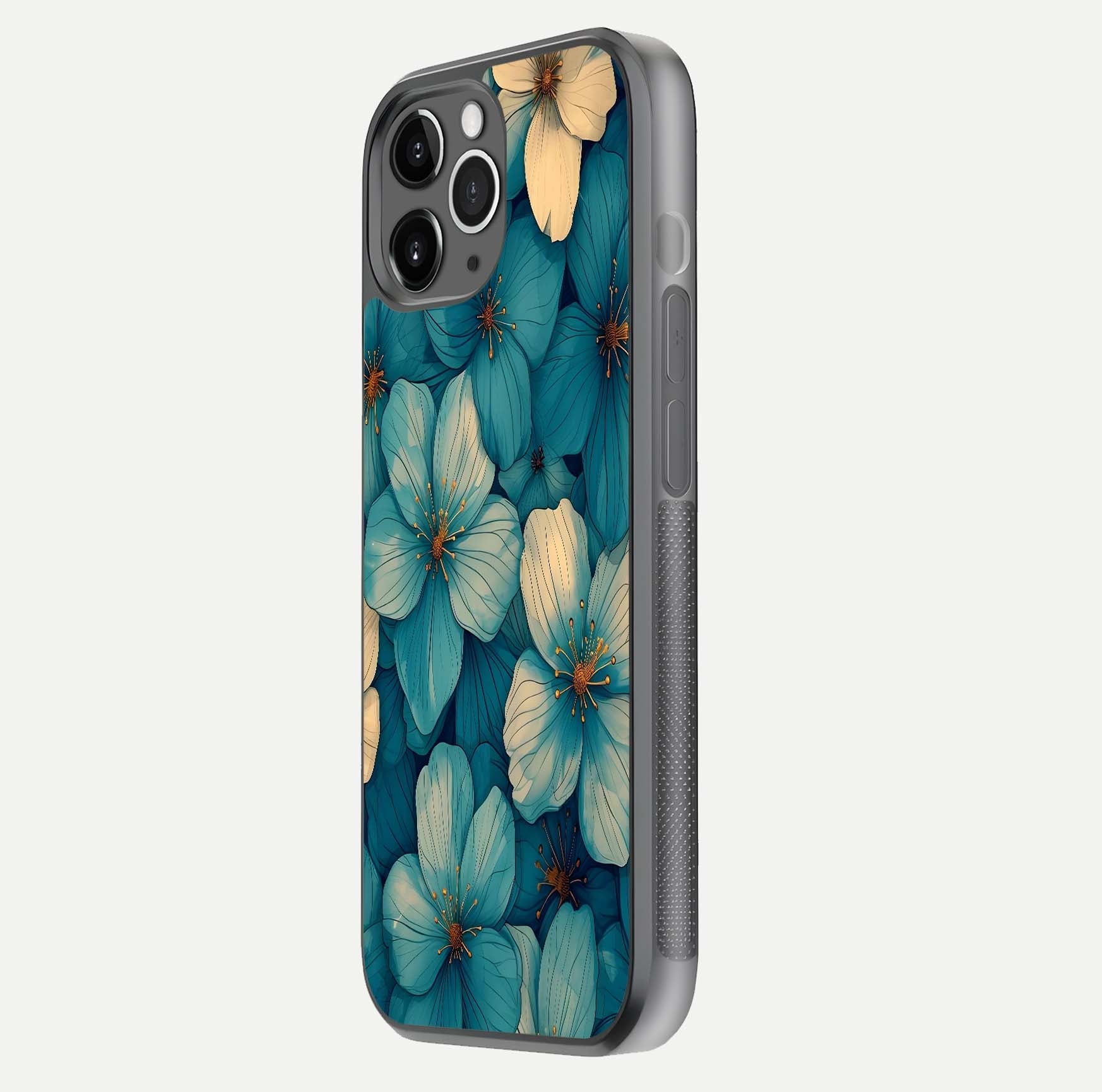 Blue Shade Floral Glass Case for iPhone 11 Pro Max floating mockup revealing gloss highlight and floral depth