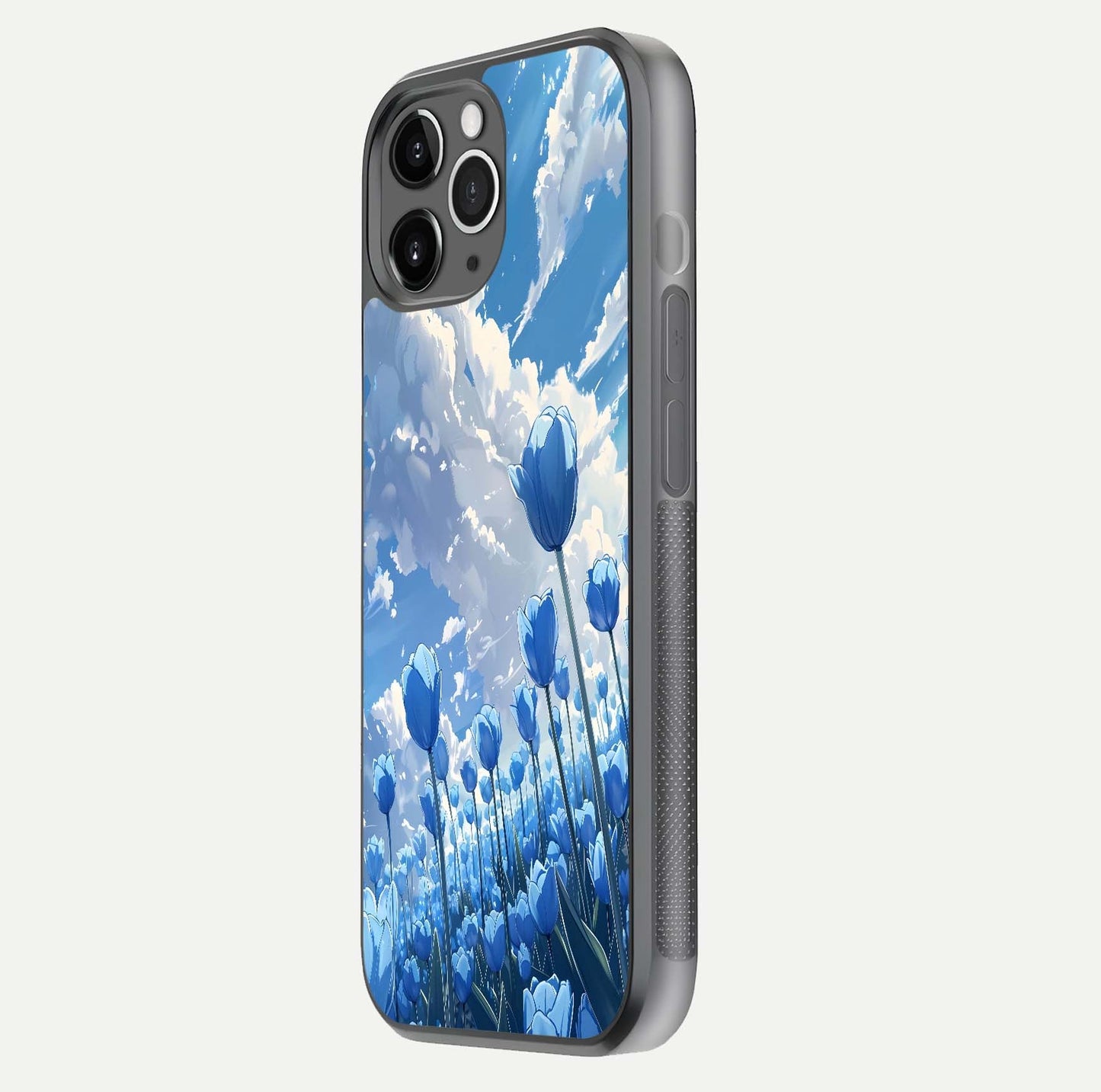 Blue Tulip Clouds Glass Case for iPhone 11 Pro Max floating mockup displaying tulip-cloud fusion art and smooth glass gloss