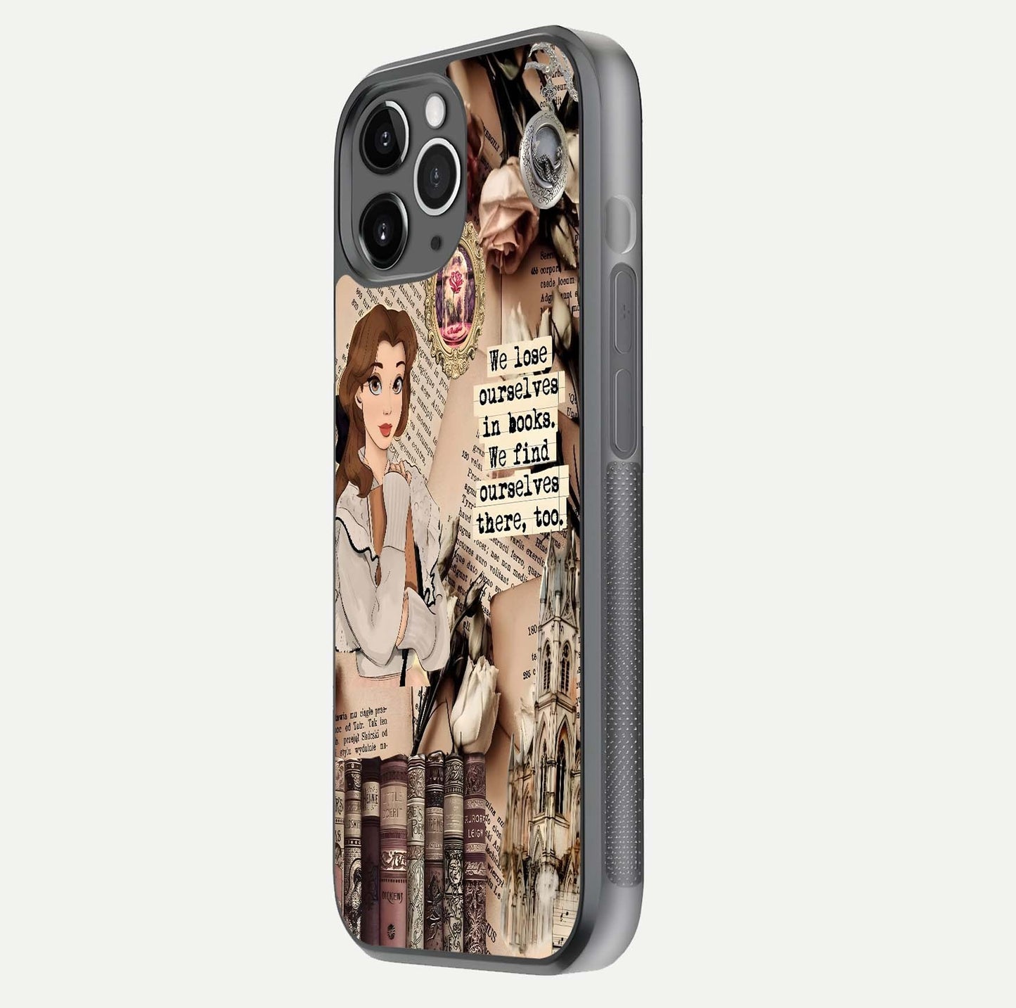 Bookish Dream World Glass Case for iPhone 11 Pro Max floating mockup capturing gloss shine and artistic balance