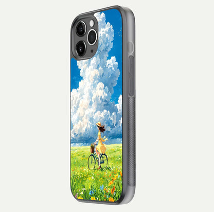 Breezy Meadow Ride Glass Case for iPhone 11 Pro Max floating mockup capturing serene tones and smooth finish