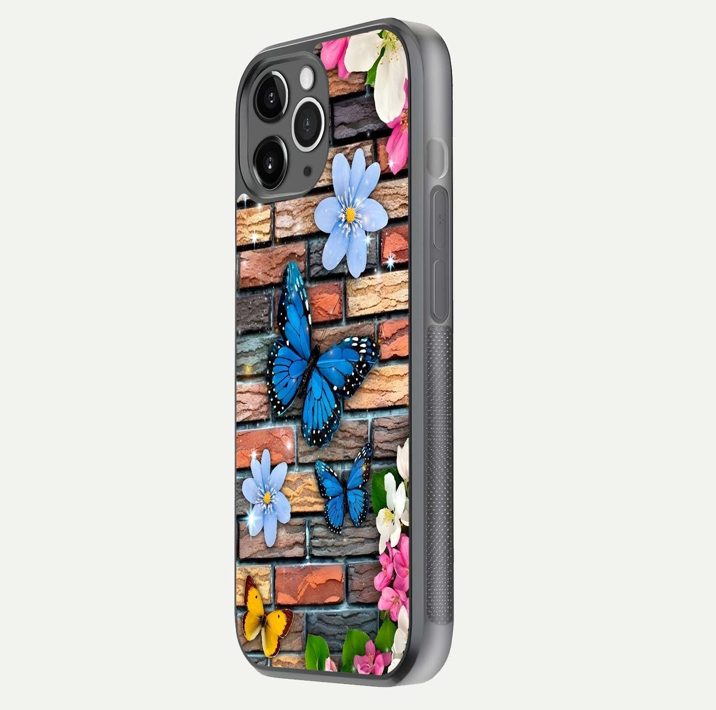 Brick Bloom Flight Glass Case for iPhone 11 Pro Max floating mockup displaying gloss reflection and pattern vibrancy