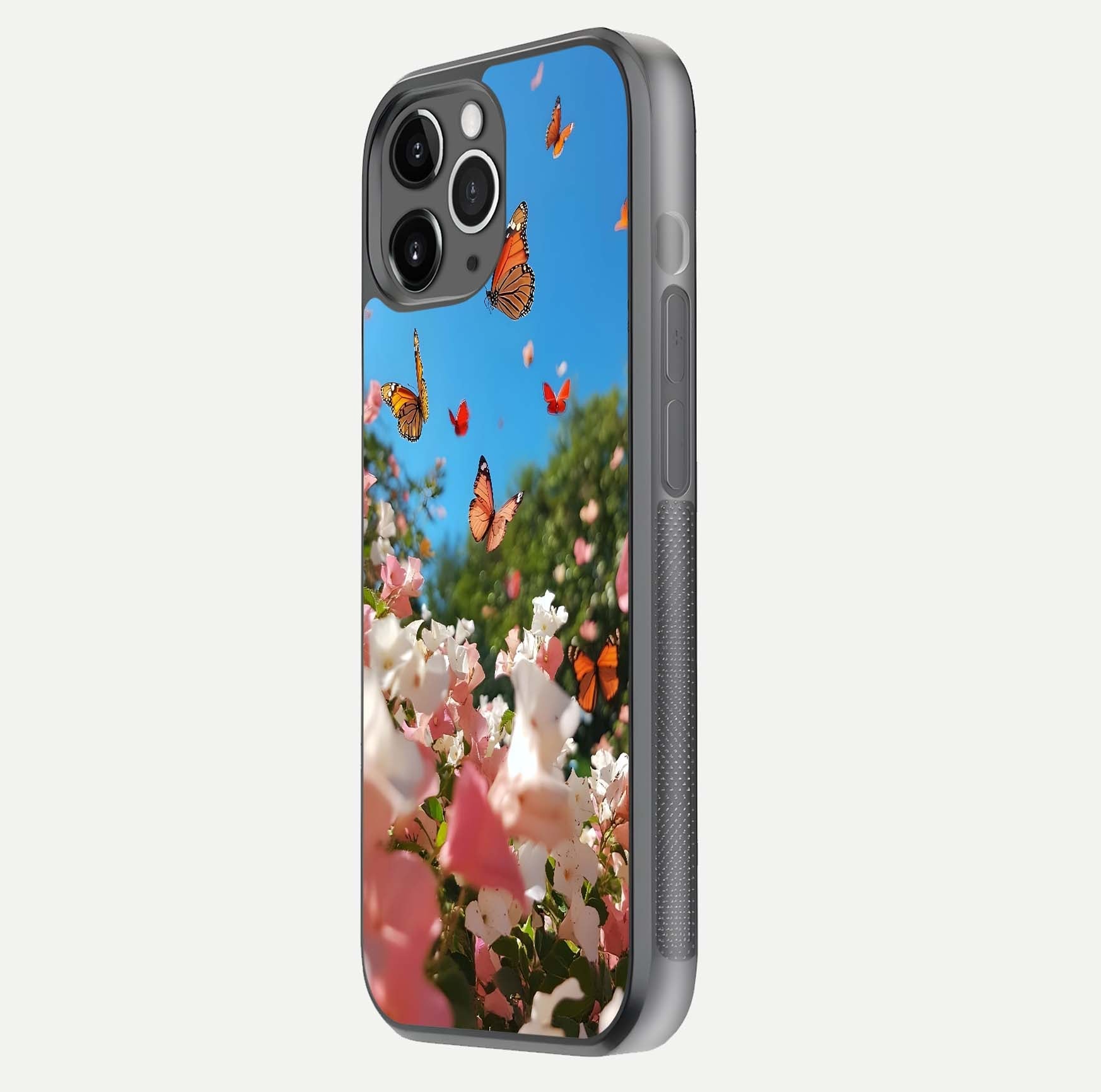 Butterflies in Bloom Sky Glass Case for iPhone 11 Pro Max floating mockup capturing butterfly motion and edge design