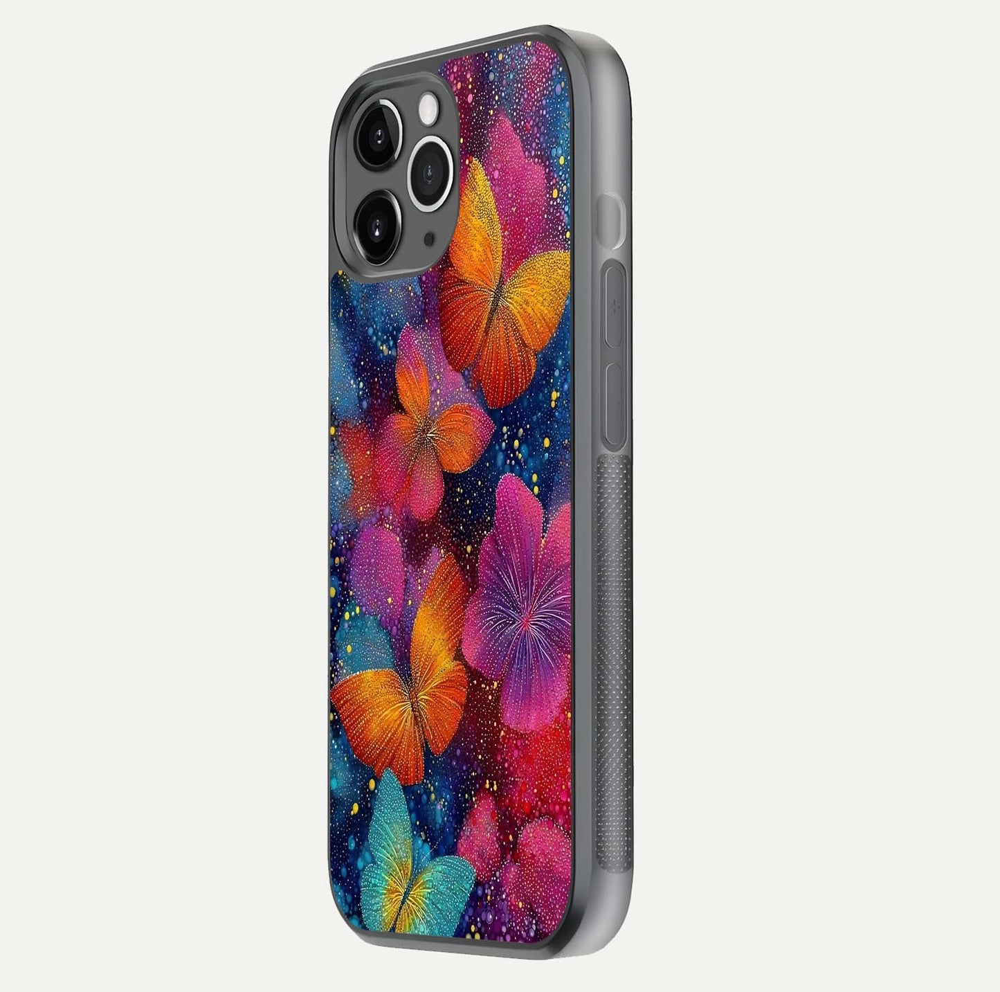 Butterfly Dream Mist Glass Case for iPhone 11 Pro Max floating mockup displaying glass shine and ethereal art depth