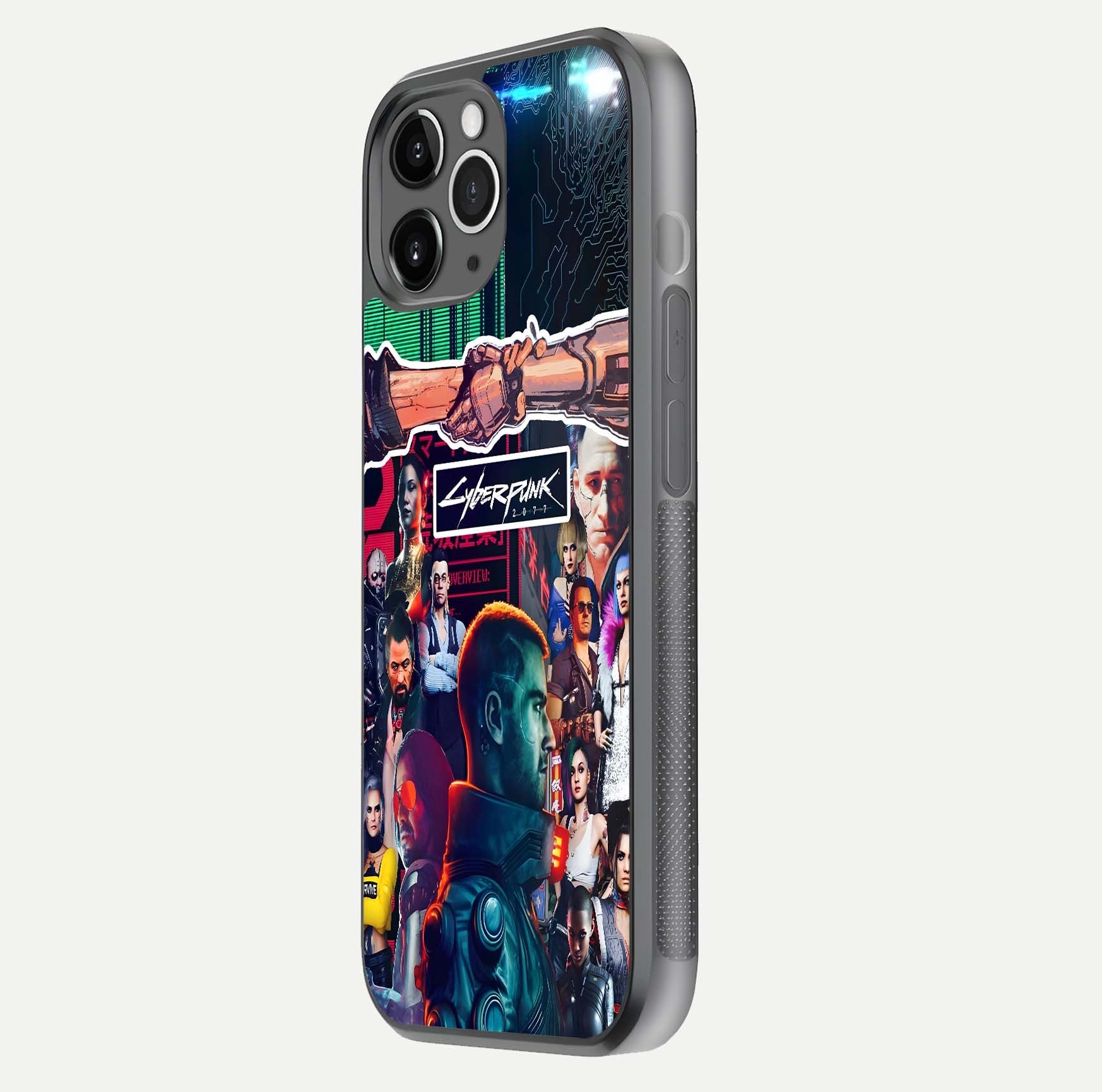 CYBERPUNK Legacy Glass Case for iPhone 11 Pro Max floating mockup showing HD gloss and neon glow detail