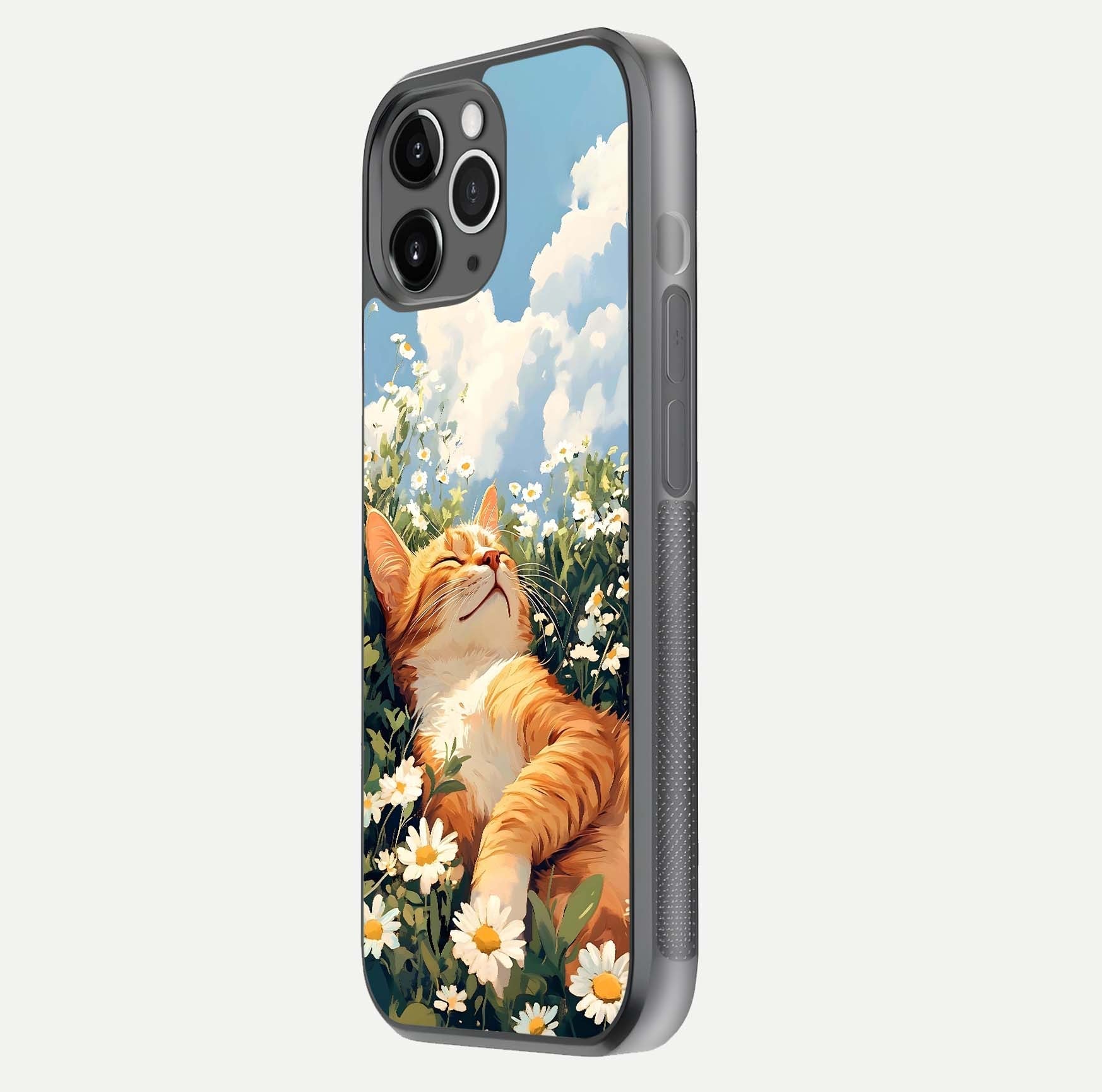 Cat & Flowers View Glass Case for iPhone 11 Pro Max floating mockup showing design reflection and protective edges