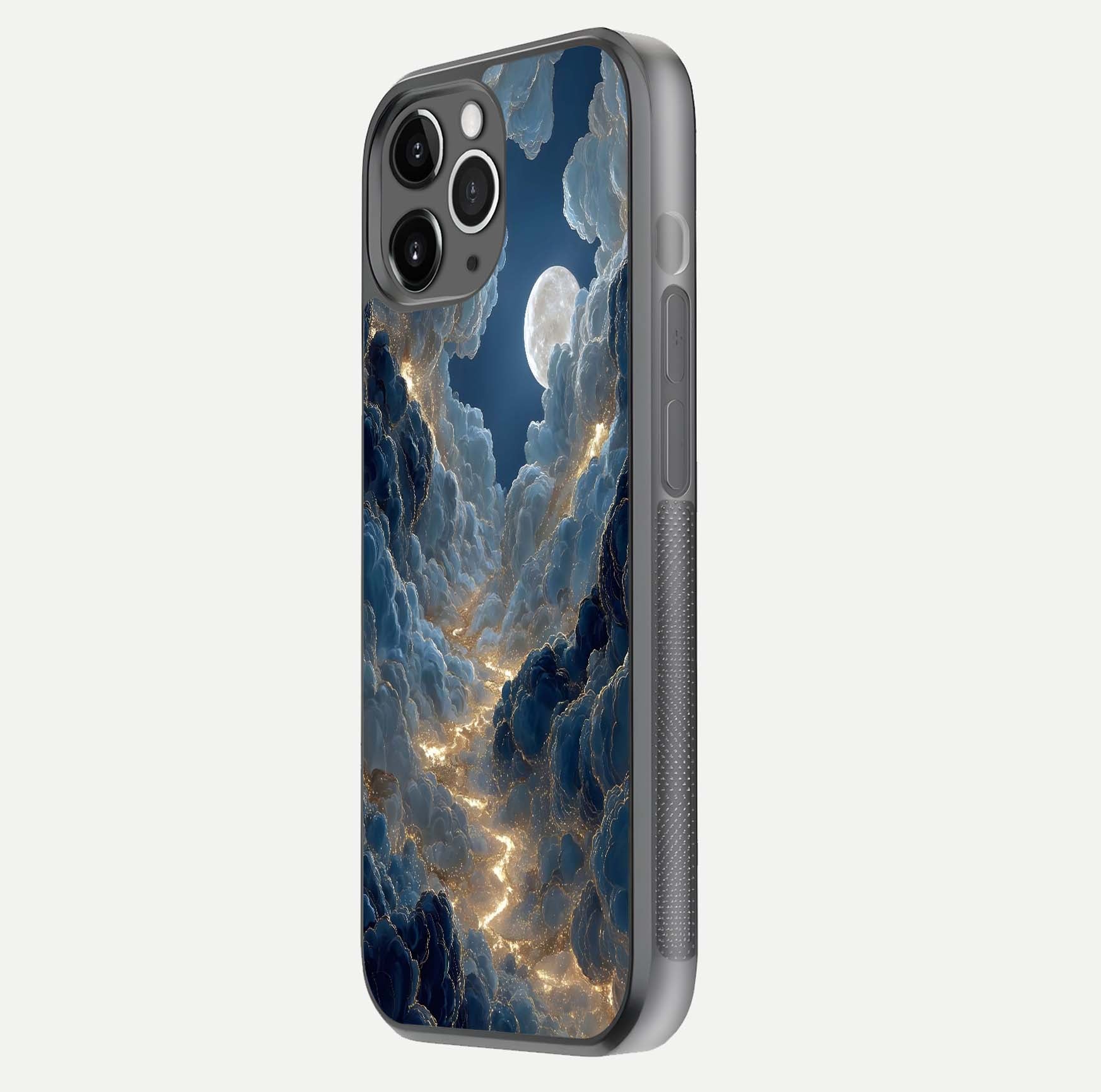 Celestial Cloud Road Glass Case for iPhone 11 Pro Max floating mockup capturing glowing horizon and HD gloss