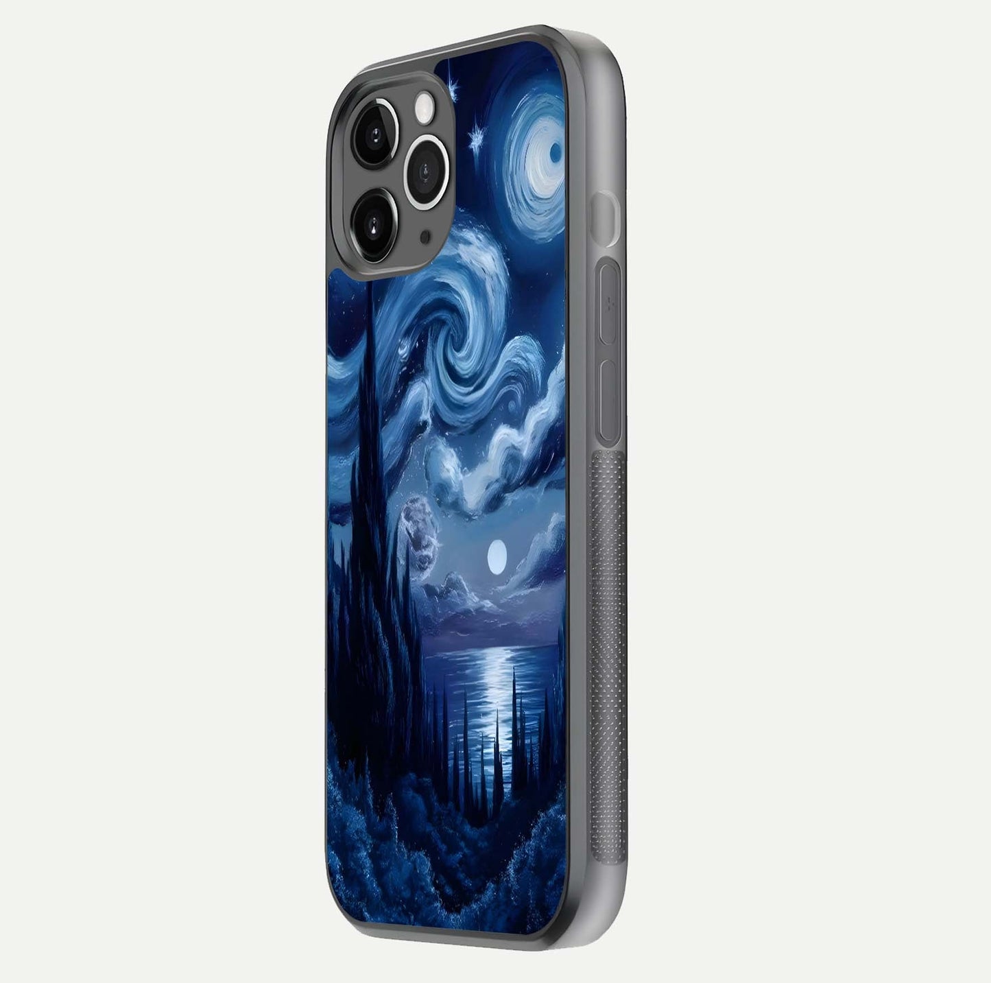 Celestial Dream Van Gogh Glass Case for iPhone 11 Pro Max floating mockup highlighting cosmic tones and smooth gloss
