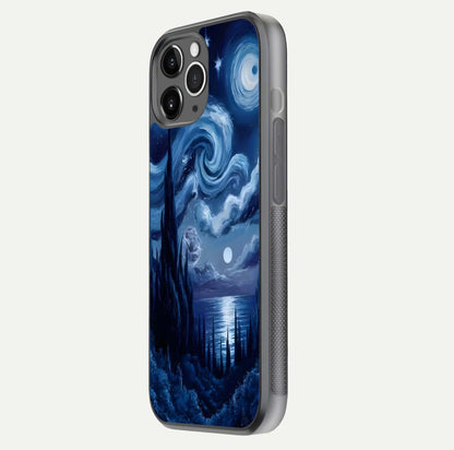 Celestial Dream Van Gogh Glass Case for iPhone 11 Pro Max floating mockup highlighting cosmic tones and smooth gloss