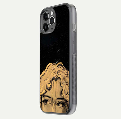 Celestial God’s Plan Glass Case for iPhone 11 Pro Max floating dual-view mockup displaying gloss surface and vivid print