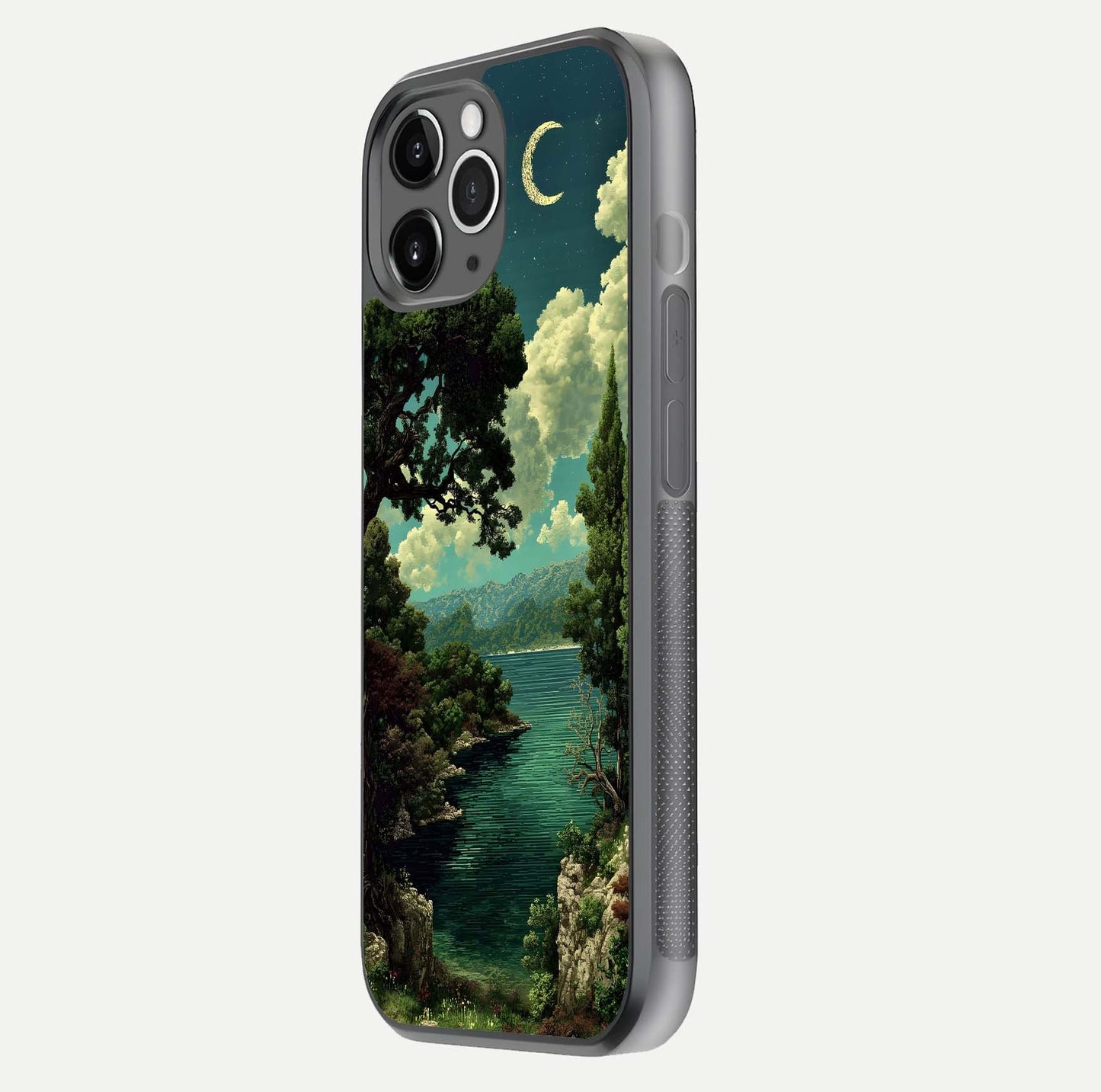 Celestial Lake Peace Glass Case for iPhone 11 Pro Max floating mockup capturing calm tones and smooth polish