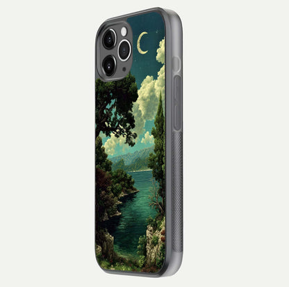 Celestial Lake Peace Glass Case for iPhone 11 Pro Max floating mockup capturing calm tones and smooth polish