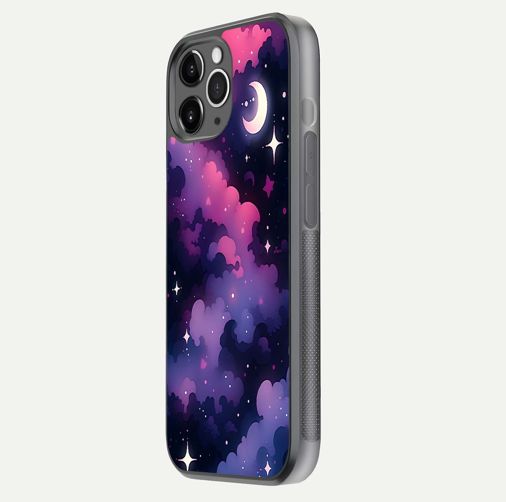 Celestial Moon Magic Glass Case for iPhone 11 Pro Max floating mockup showing reflection gradient and smooth polish