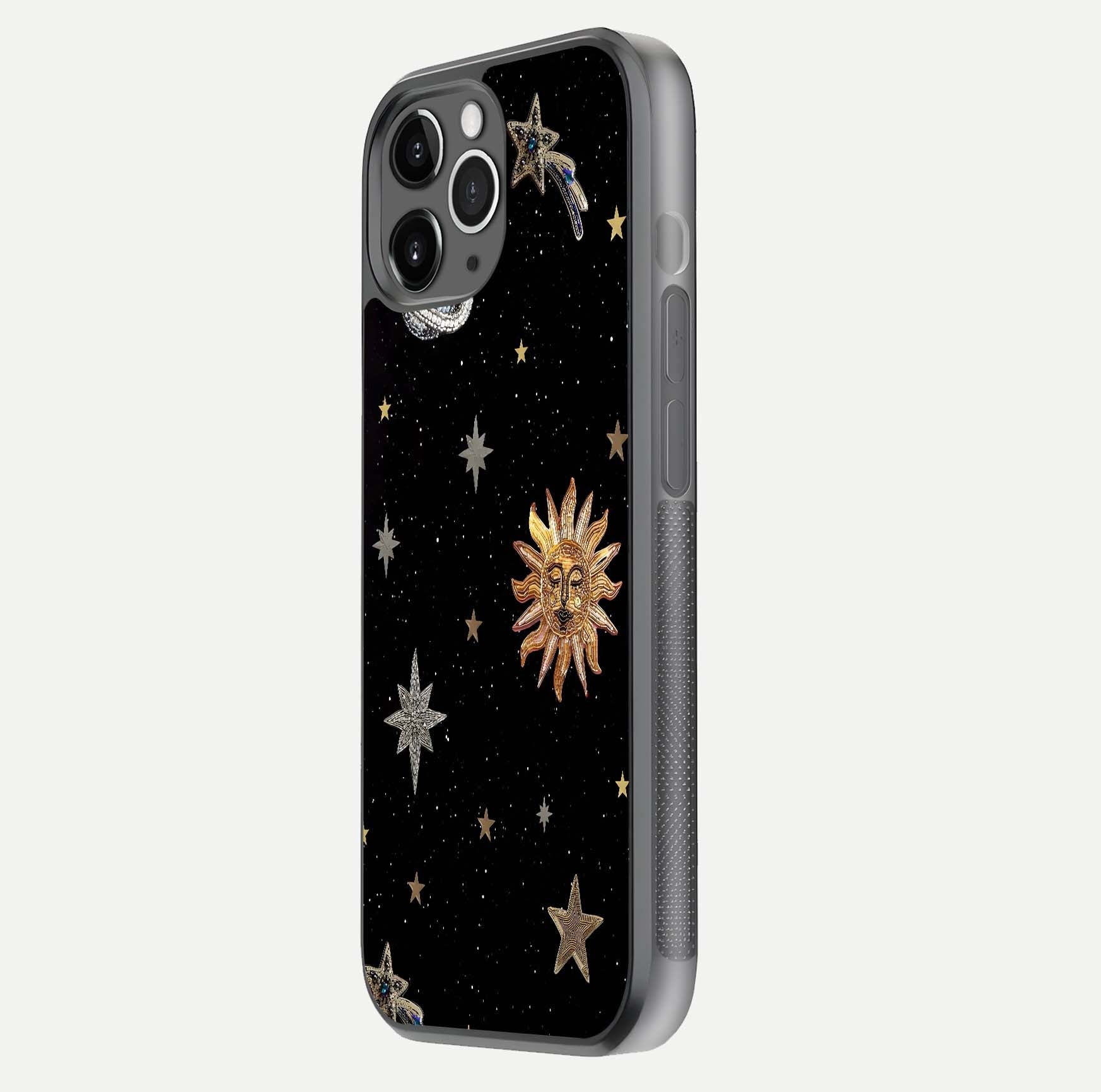 Celestial Moon With Stars Glass Case for iPhone 11 Pro Max floating mockup emphasizing star depth and gloss clarity