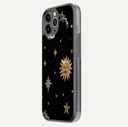 Celestial Moon With Stars Glass Case for iPhone 11 Pro Max floating mockup emphasizing star depth and gloss clarity