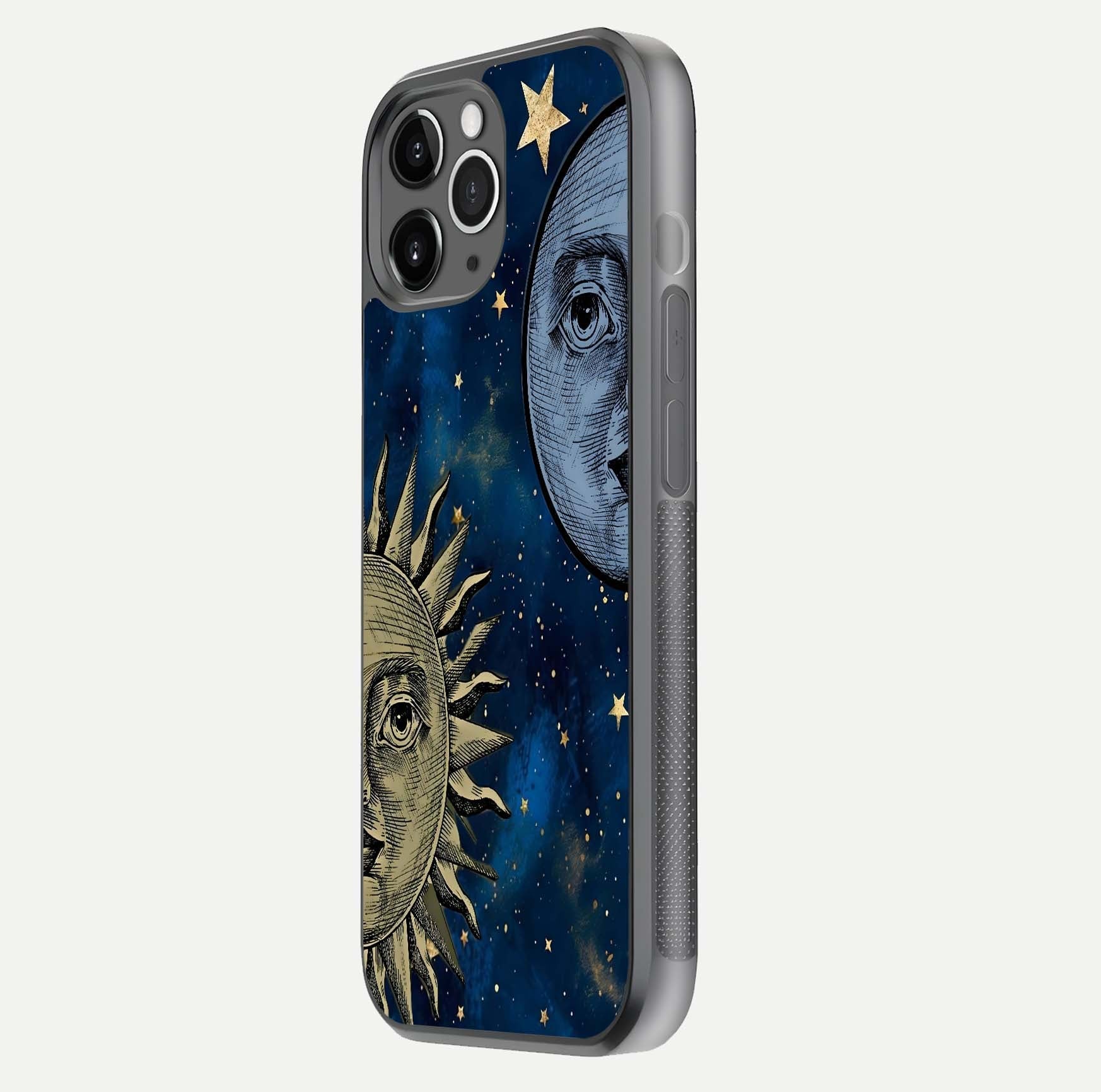 Celestial Moon With Sun Glass Case for iPhone 11 Pro Max floating mockup displaying vibrant contrast and HD gloss