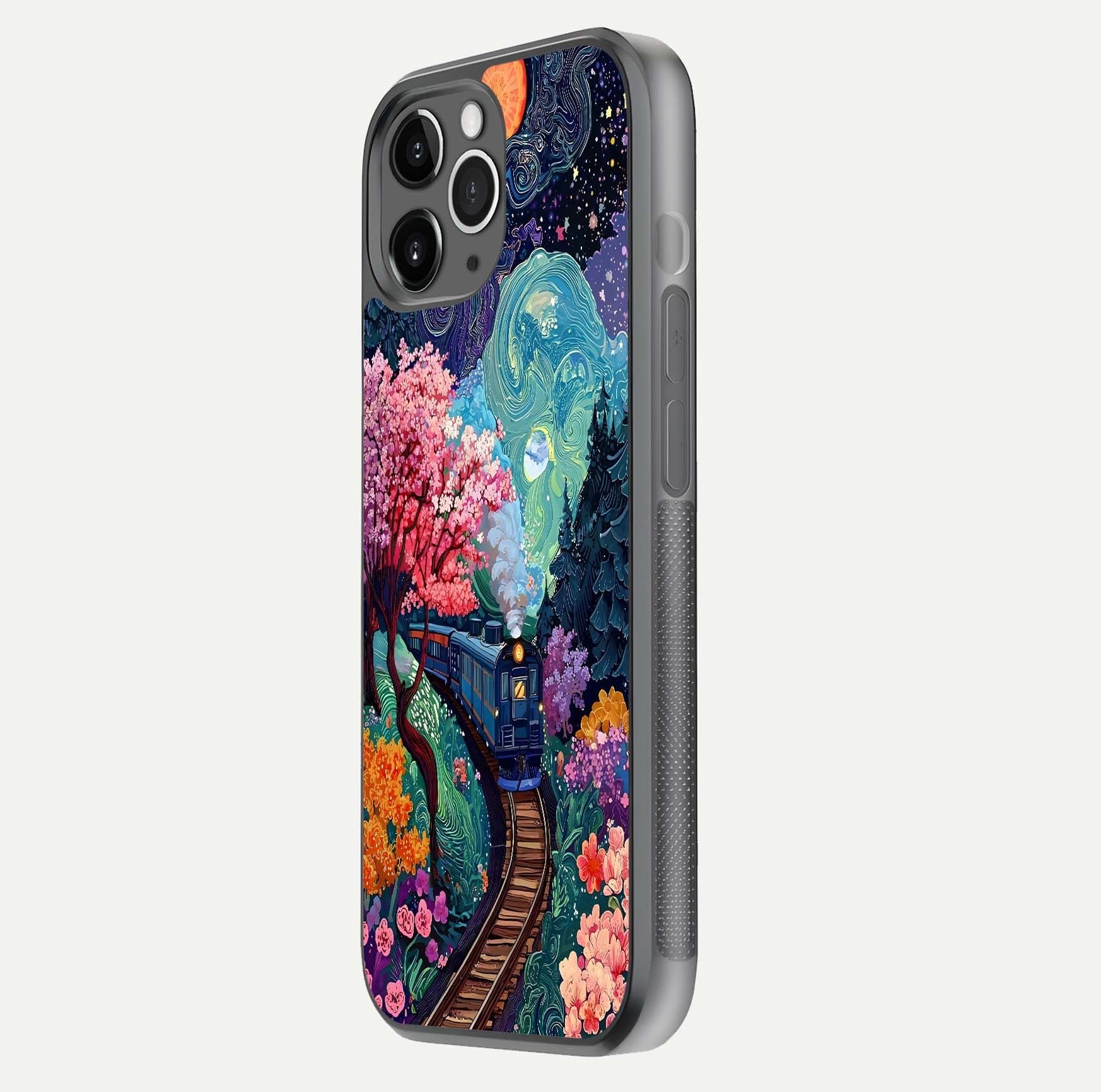 Celestial Train Journey Glass Case for iPhone 11 Pro Max floating mockup capturing gloss reflection and deep night hues
