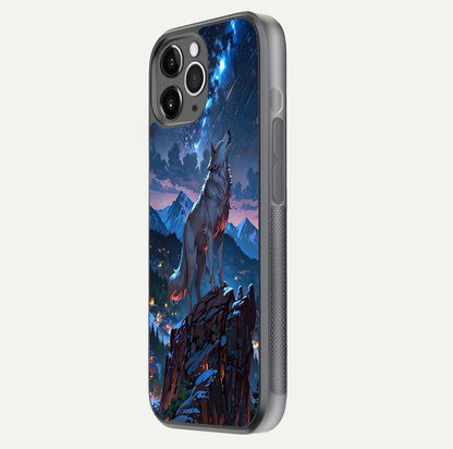 Celestial Wolf Howl Glass Case for iPhone 11 Pro Max floating mockup capturing reflection depth and silver gloss