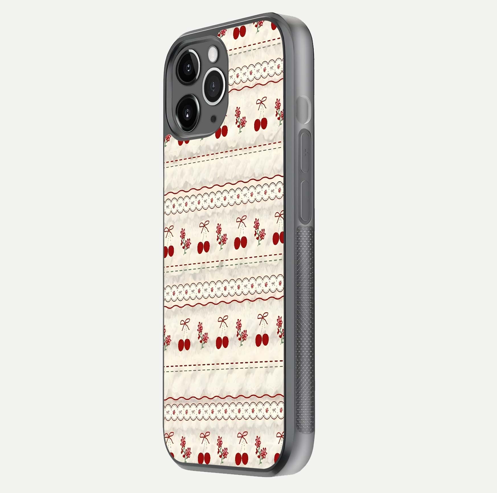 Cherry Bloom Charm Glass Case for iPhone 11 Pro Max floating mockup showing bloom texture and polished gloss