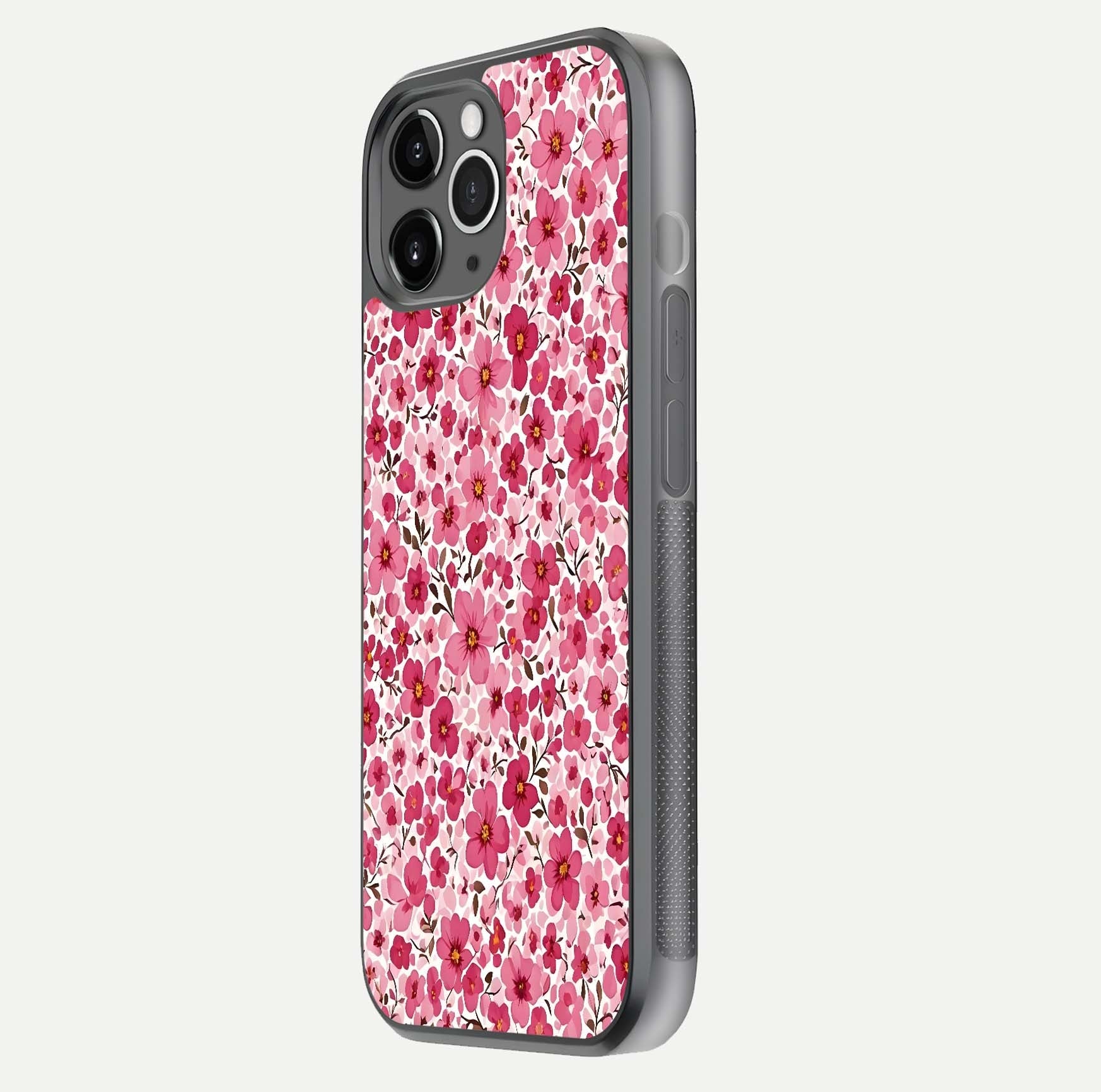 Cherry Blossom Charm Glass Case for iPhone 11 Pro Max floating mockup displaying pink tone flow and polished edges