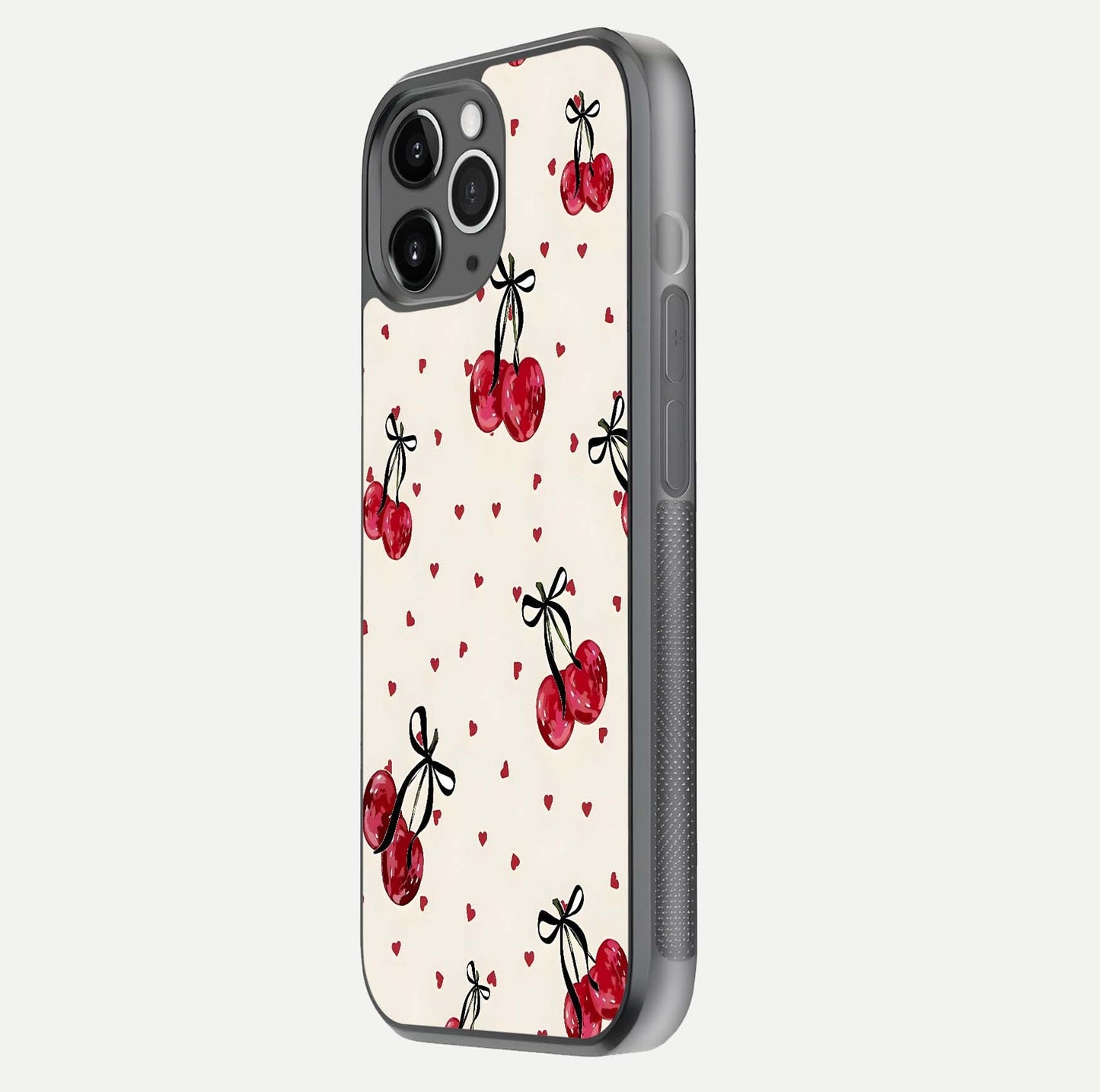 Cherry Heart Bow Glass Case for iPhone 11 Pro Max floating mockup showing reflection and HD print detail