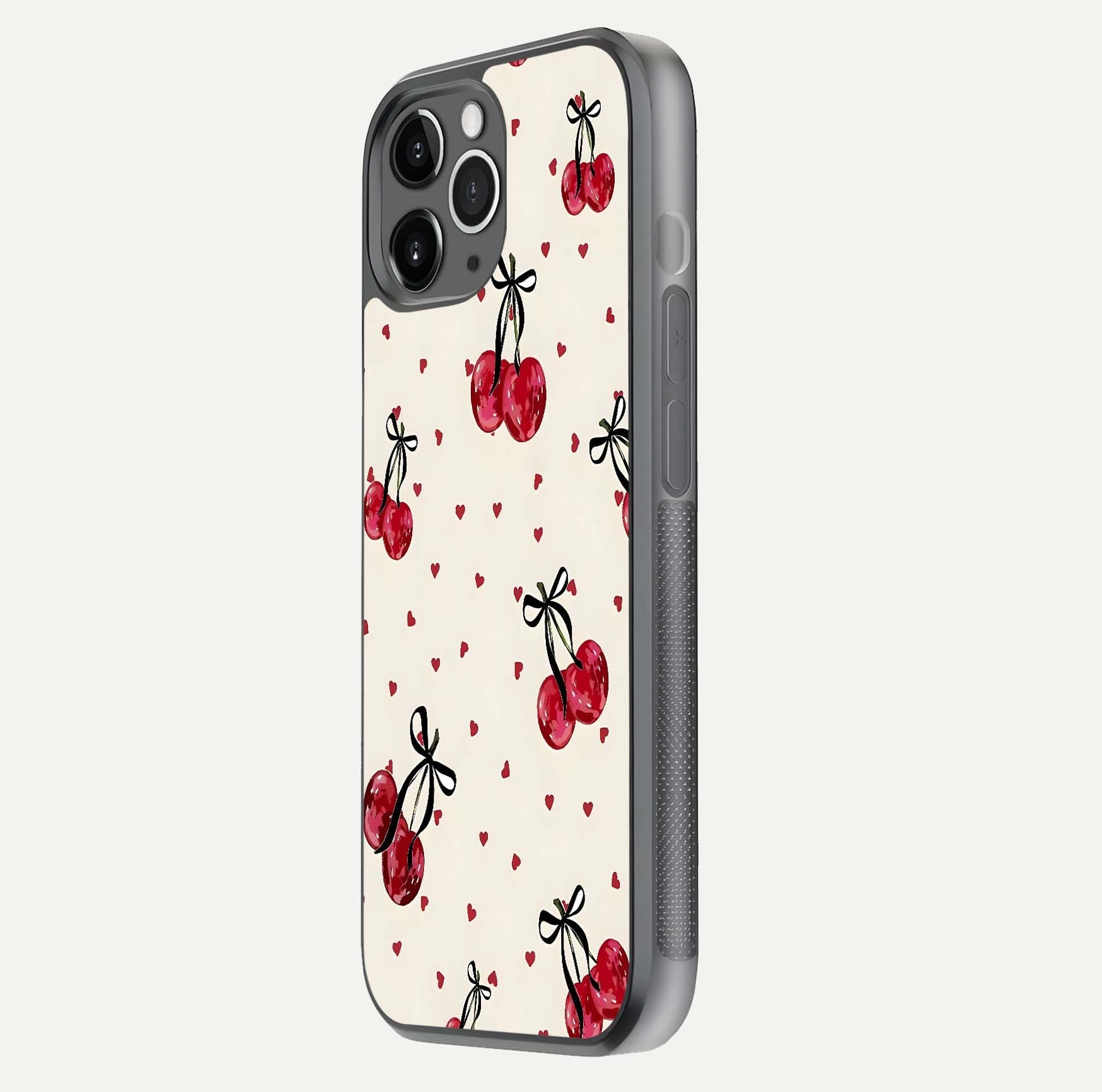 Cherry Heart Bow Glass Case for iPhone 11 Pro Max floating mockup showing reflection and HD print detail