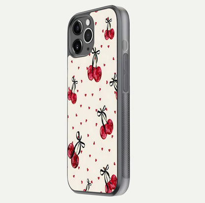Cherry Heart Bow Glass Case for iPhone 11 Pro Max floating mockup showing reflection and HD print detail