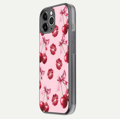 Cherry With Lips Glass Case for iPhone 11 Pro Max floating mockup showing HD gloss and pop-art inspired tones