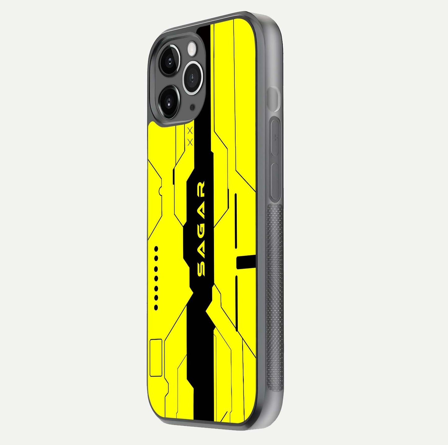 Circuit CYBERPUNK Custom Name Glass Case for iPhone 11 Pro Max floating mockup capturing glow effects and polished shine