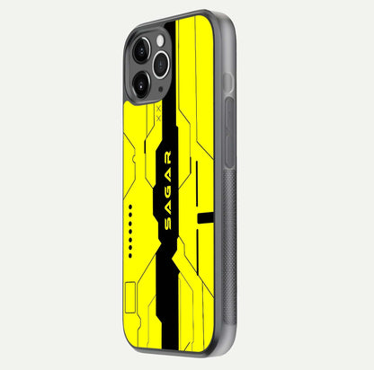 Circuit CYBERPUNK Custom Name Glass Case for iPhone 11 Pro Max floating mockup capturing glow effects and polished shine
