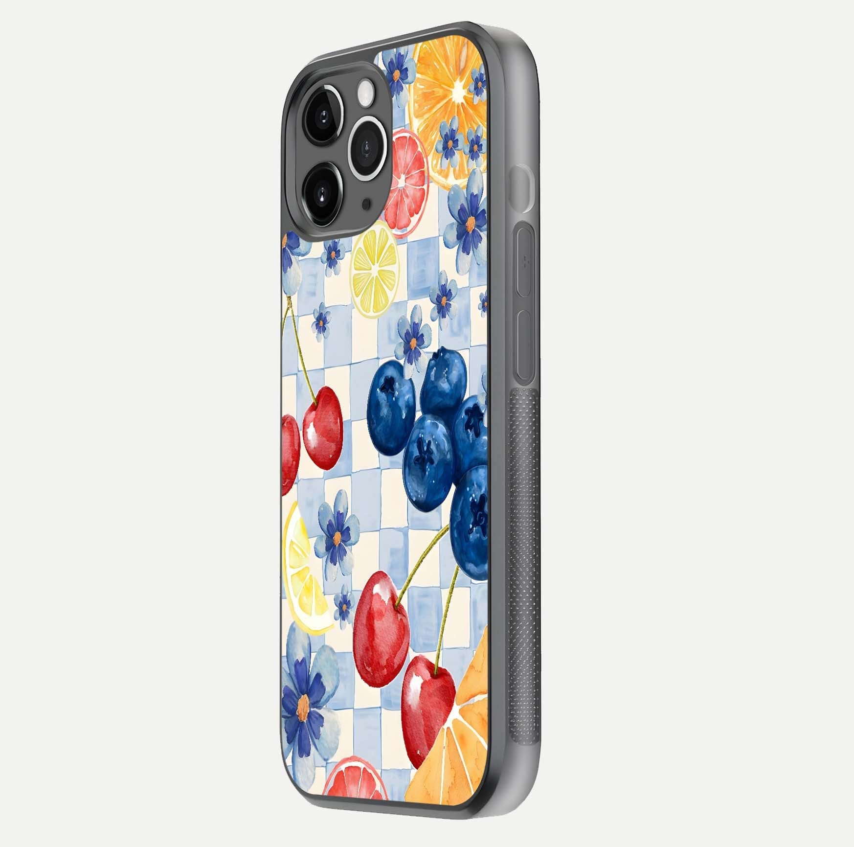 Citrus Bloom Joy Glass Case for iPhone 11 Pro Max floating mockup showing HD gloss and lively tone
