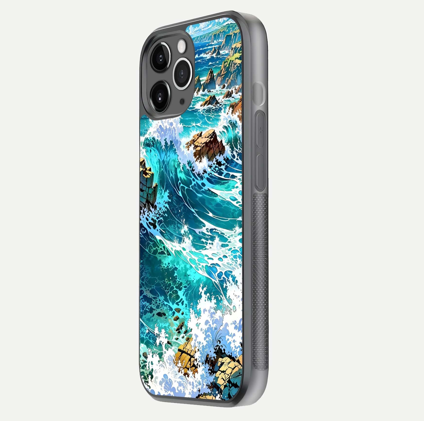 Coastal Blue Waves Glass Case for iPhone 11 Pro Max floating mockup showing HD reflection and wave details