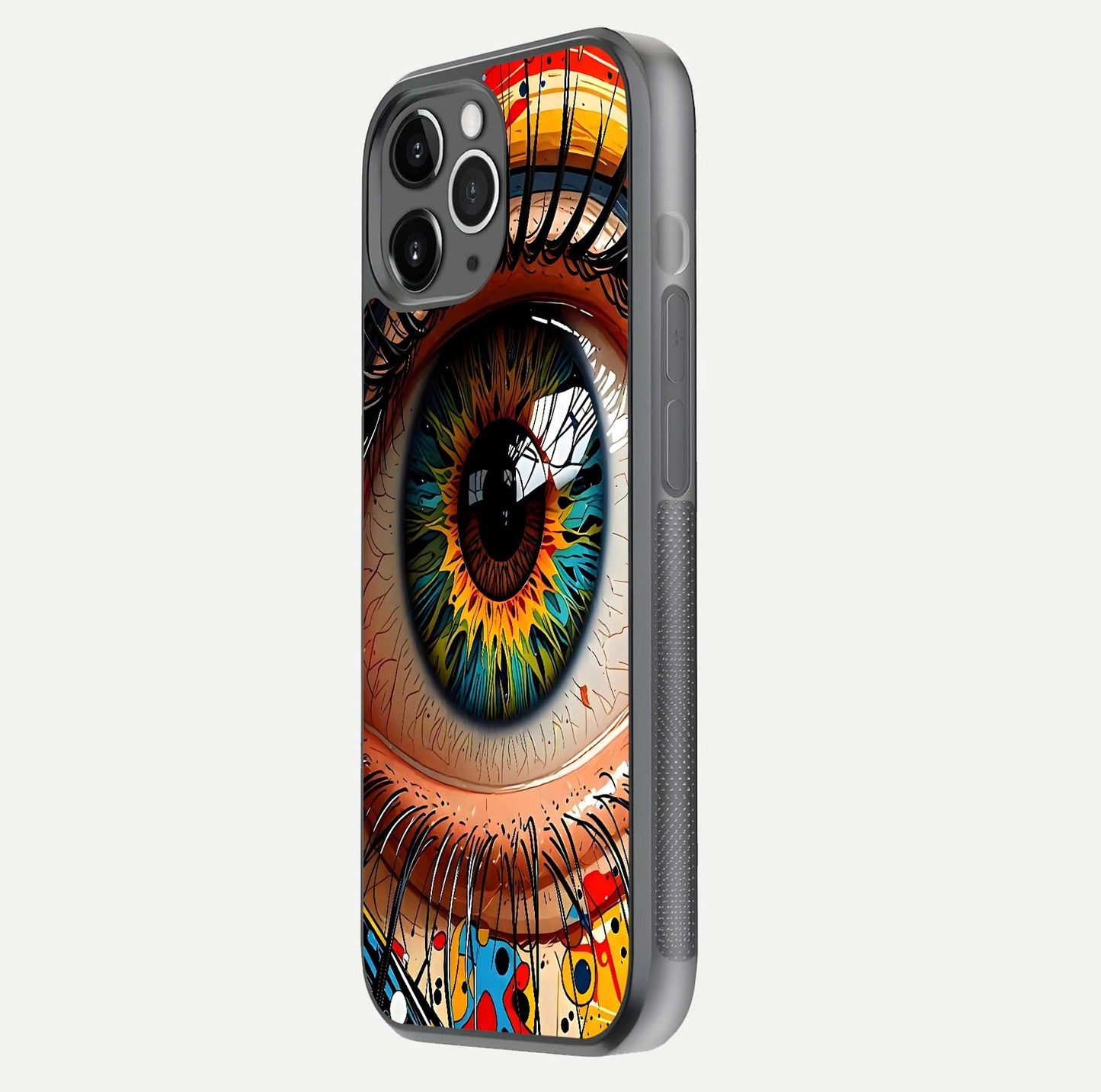 Colorful Eye Glass Case for iPhone 11 Pro Max floating mockup showing bright contrast and gloss clarity